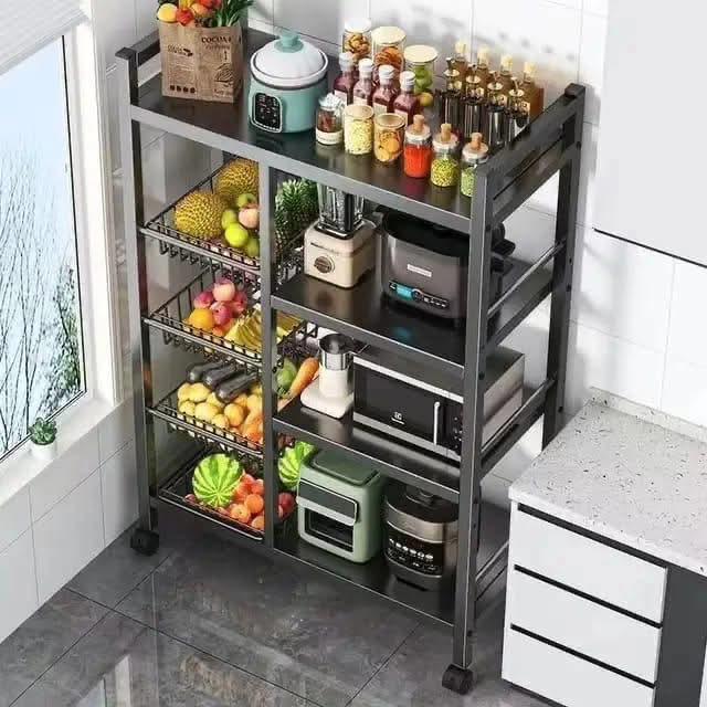 Multifunctional strong metallic kitchen rack with movable & lockable wheels